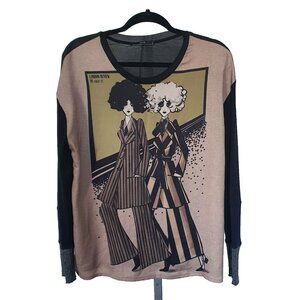 Zara W&B Collection Graphic Sz M Long Sleeve Tan Gray Top London Shirt Sweater